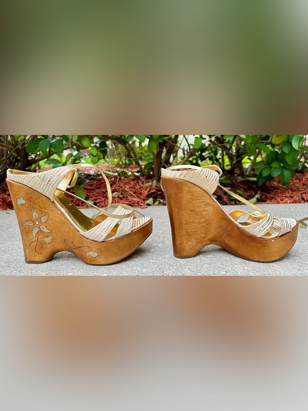 Vintage Report Signature Wood Wedge Sandals Size 10 Strappy Lace-Up Boho Y2K